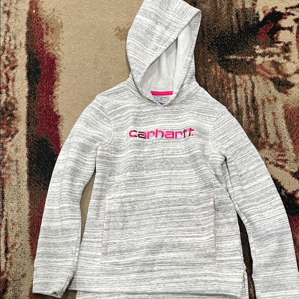Carhartt Kids Striped Gray Hoodie with Pink Accents